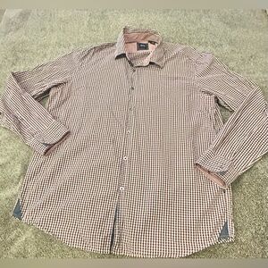 Boss Hugo Boss maroon and white checkered button front long sleeve shirt.